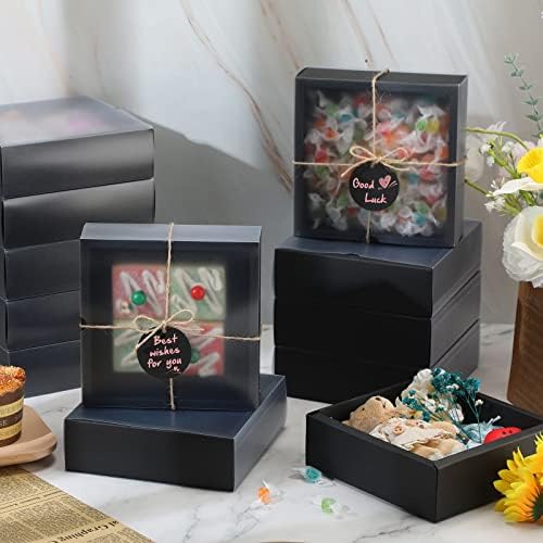 Roowest 50 pcs Rectangle Kraft Gift Boxes with Window Black 65x65x2 Inch