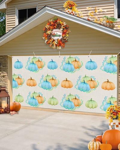 IDOWMAT Fall Thanksgiving Field Pumpkin Garage Door Cover 7x8ft Green