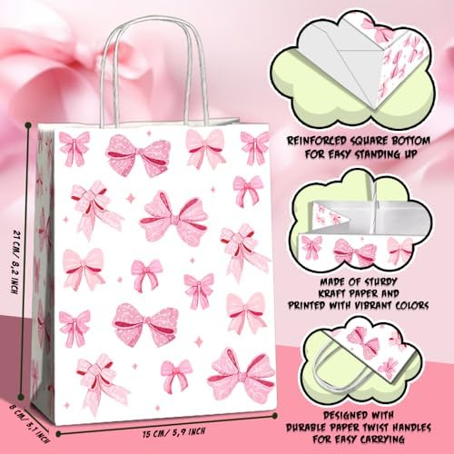 JOYGATHER 24 Pcs Pink Bow Party Favor Bags with Handles