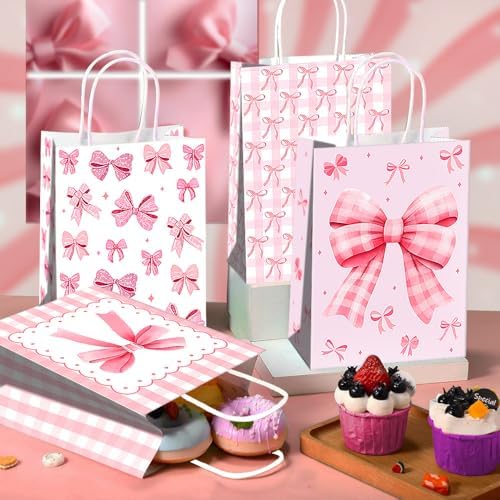 JOYGATHER 24 Pcs Pink Bow Party Favor Bags with Handles