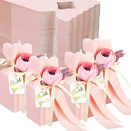 TaoBary 50 Pcs Pink Wedding Gift Boxes with Bow and Flower