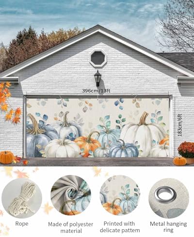 Autumn Pumpkin Garage Door Cover 7x8ft Blue Eucalyptus Leaves Hanging Banner