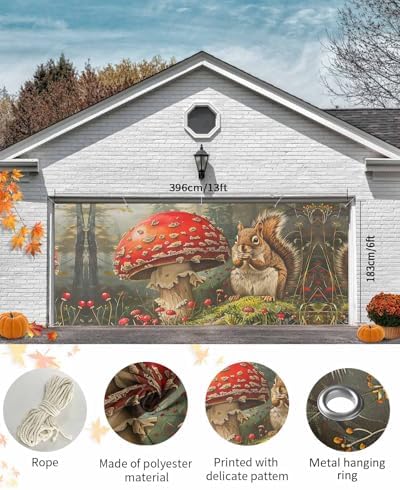 IDOWMAT Fall Squirrel Mushroom Garage Door Cover 7x8ft