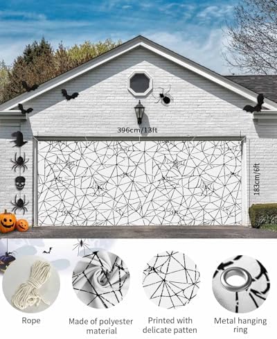 Scary Halloween Black Cobweb Garage Door Cover 7x8ft 1