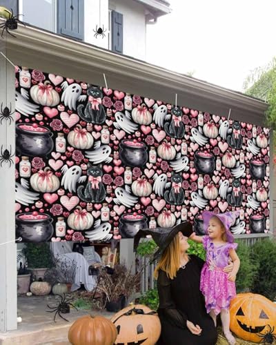 Halloween Cat Ghost Heart Garage Door Cover 7x8ft Black