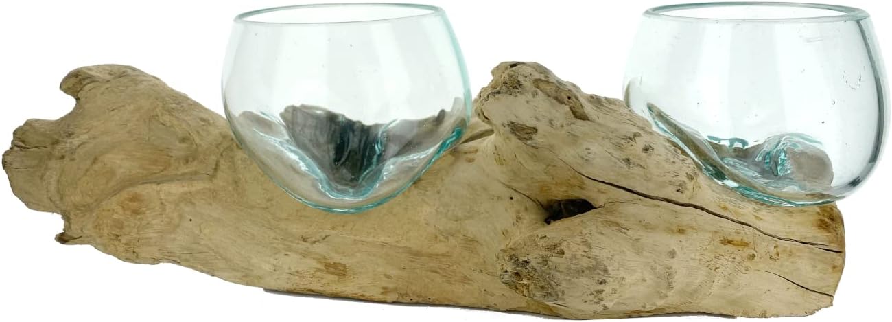 Ruth and Wilde Terrarium Planter Double Melted Glass Vase Bowl Driftwood Candle Holder