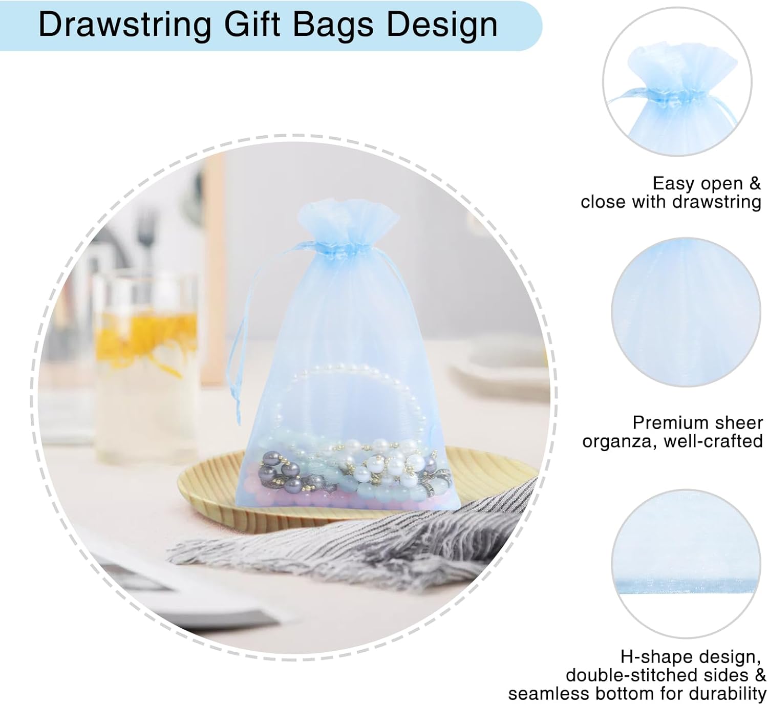 Wudygirl 4x6 Organza Bags with Drawstring 100pc Light Blue