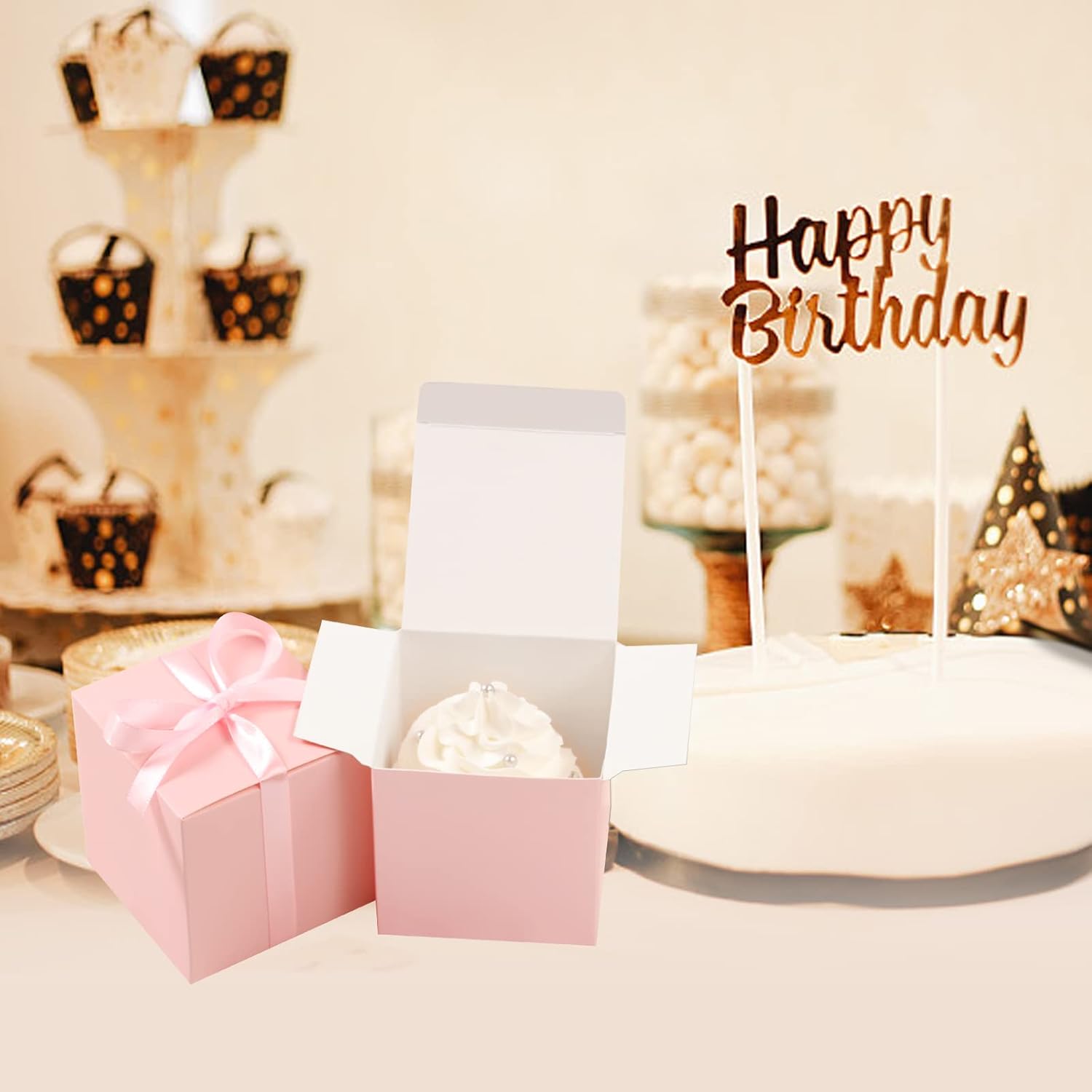 COTOPHER 100pcs 2x2x2 Inch Pink Gift Boxes with Ribbons
