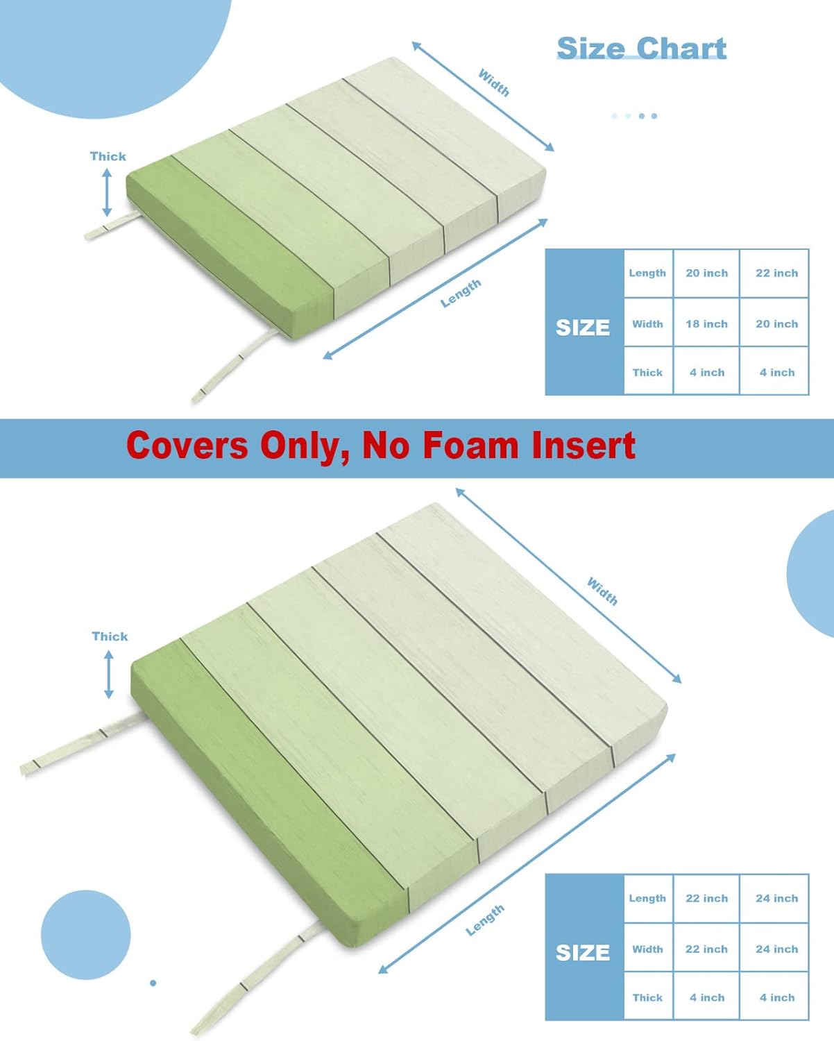 4 Pack Sage Green Waterproof Cushion Covers with Ties 20x18x4