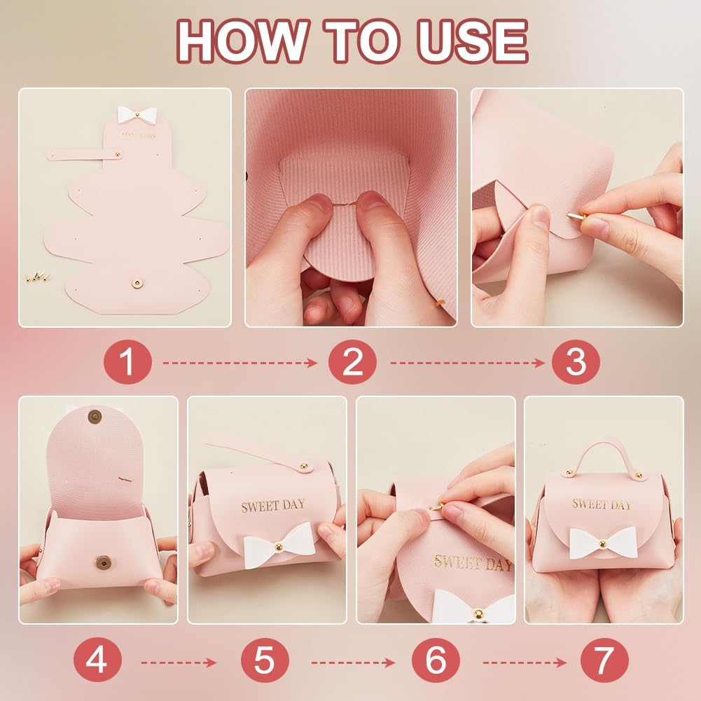 FINGERINSPIRE 12 Pack Light Pink PU Leather Bowknot Gift Boxes with Handle