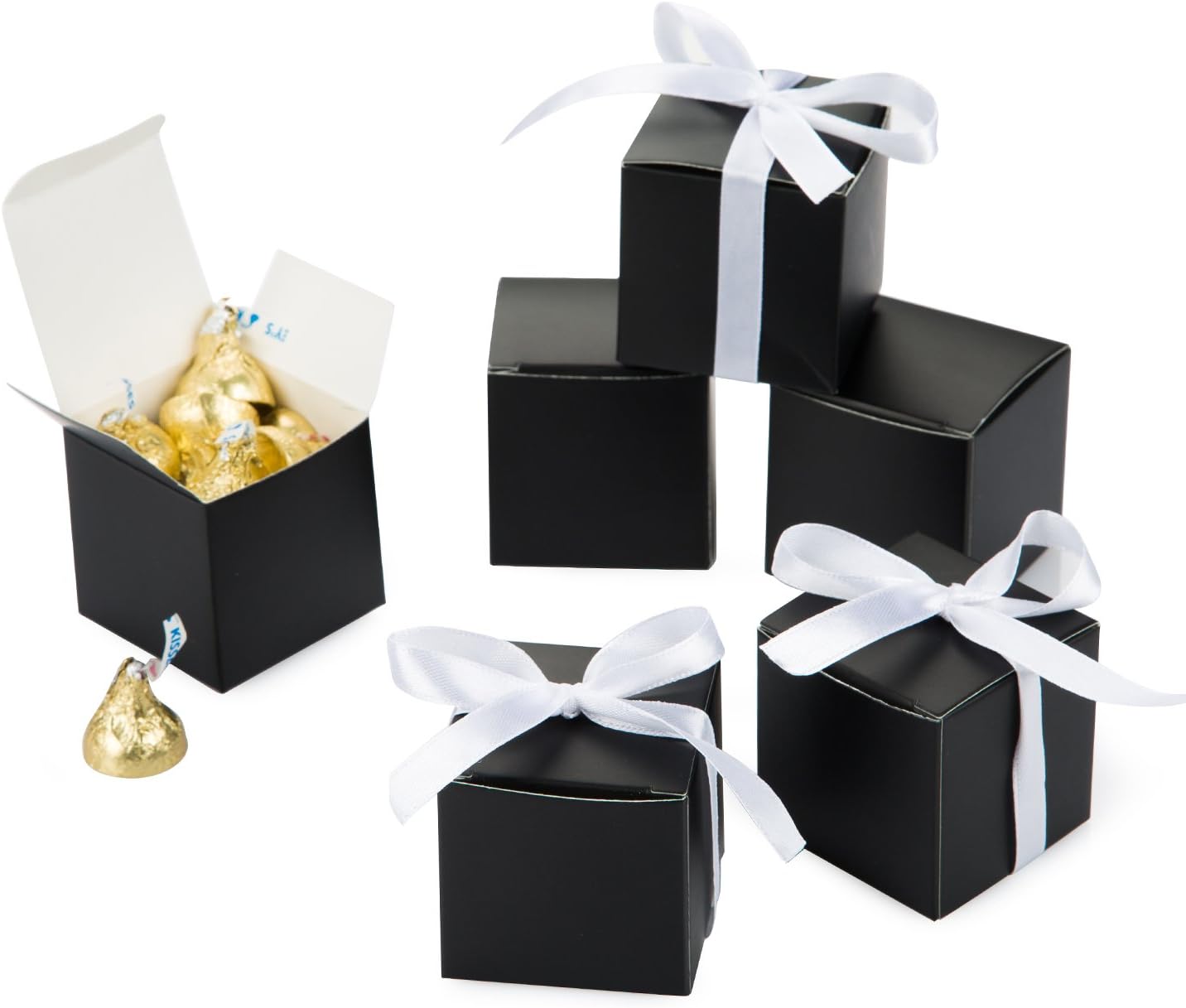 AWELL Black Gift Candy Box with White Ribbon Pack of 50