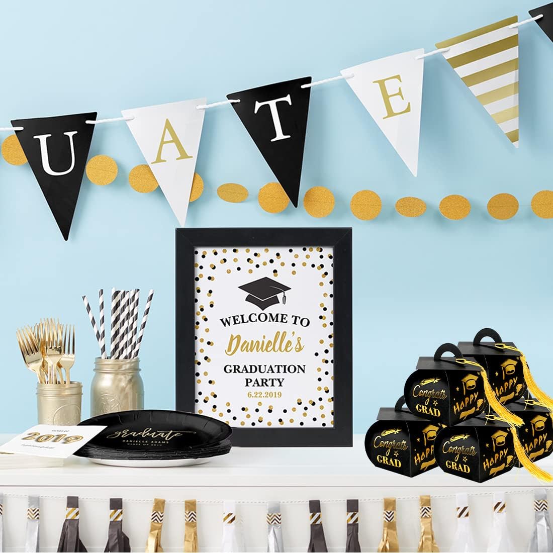 30 Pcs Black and Gold Graduation Cap Gift Boxes with Tassel