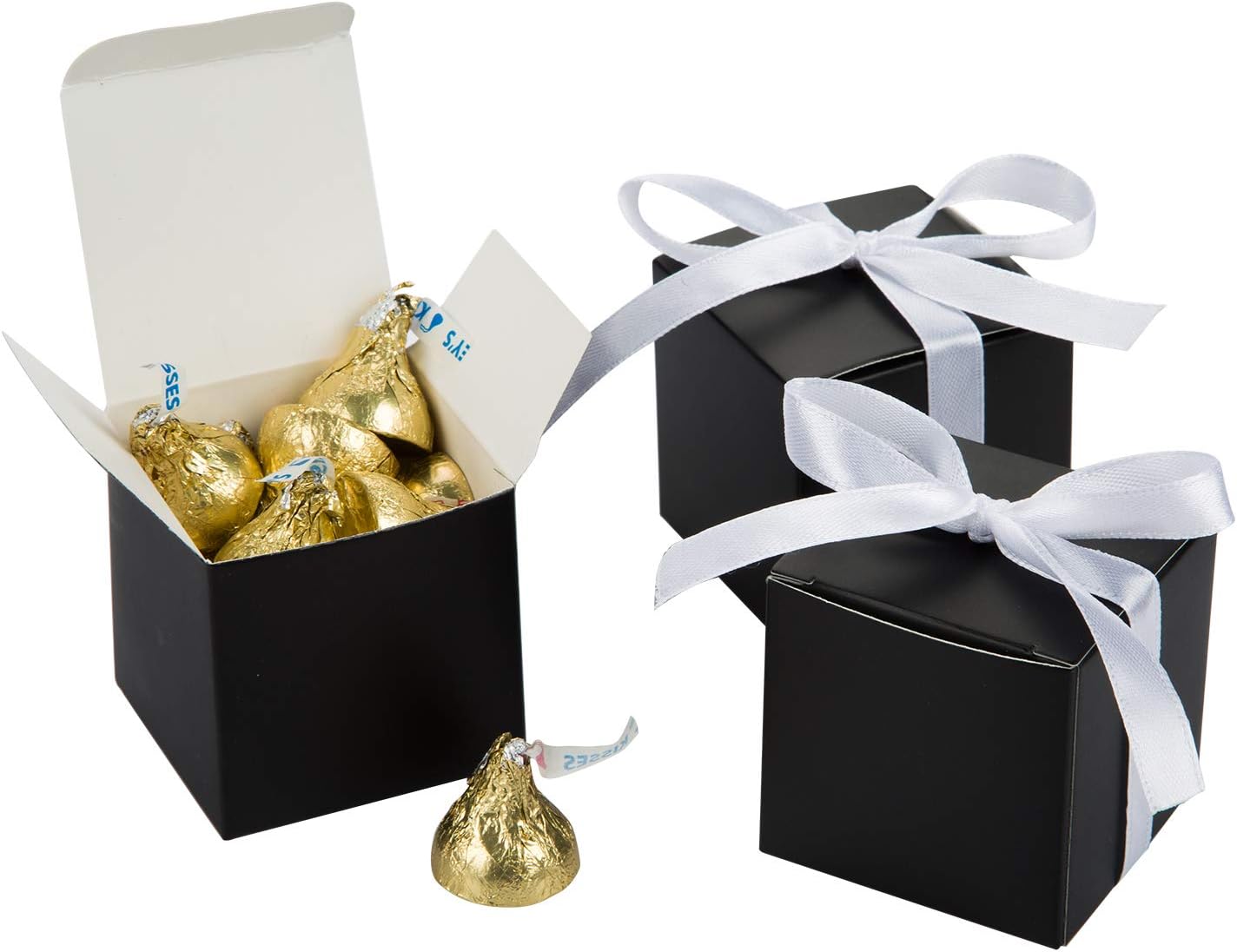 AWELL Black Gift Candy Box with White Ribbon Pack of 50