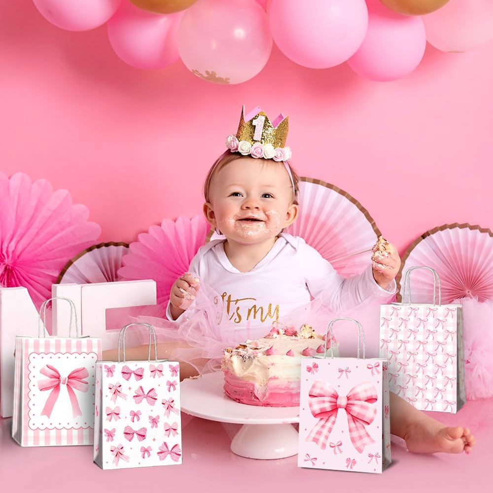 JOYGATHER 24 Pcs Pink Bow Party Favor Bags with Handles