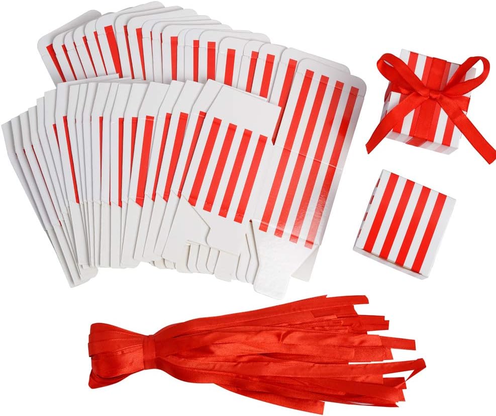 AWELL Small Red Stripes Gift Candy Box with Red Ribbon Pack of 50