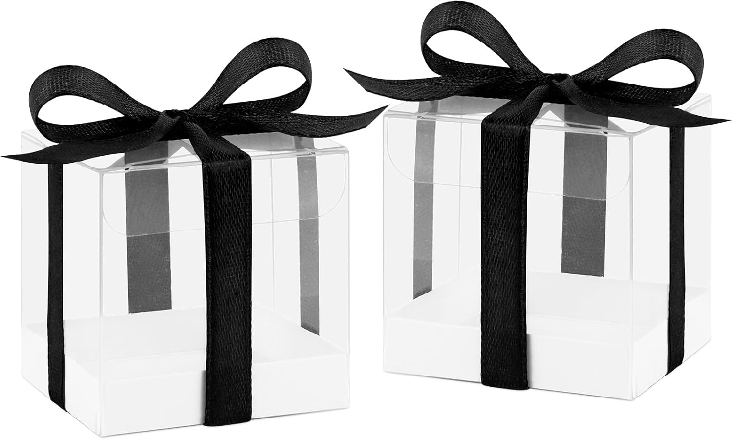 Hxezoc 50 Pack Clear Favor Boxes 2x2x2 Inches with Black Ribbons