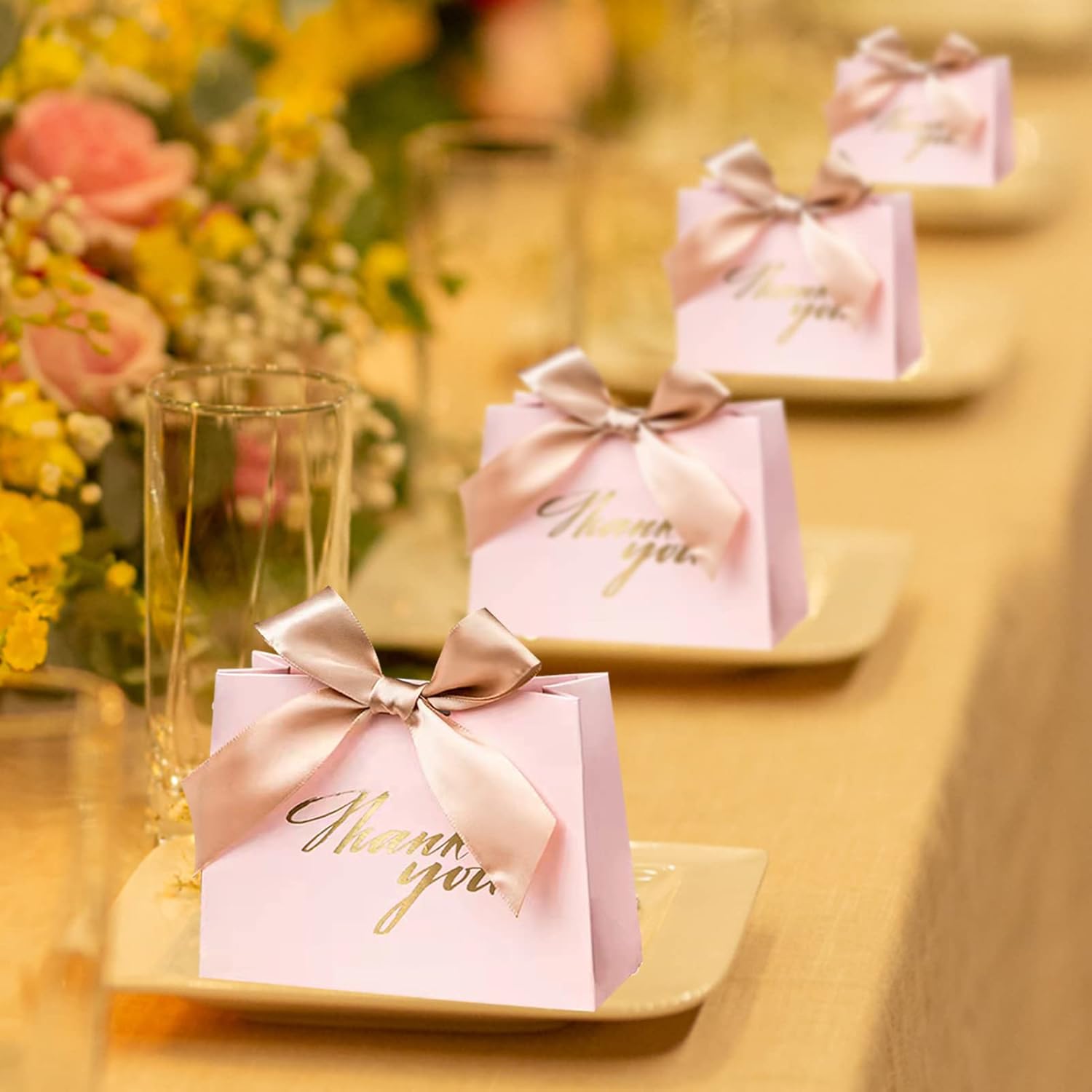 25 Pack Pink Gift Bags with Gold Ribbon