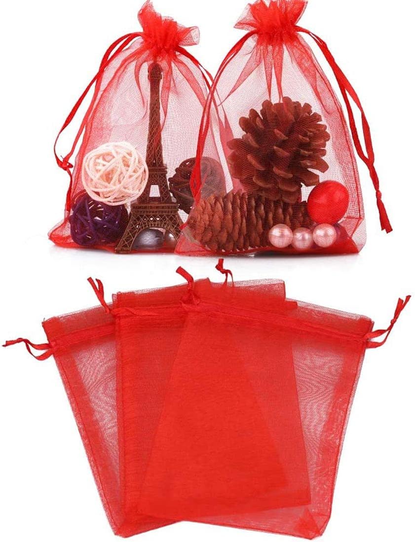 50 Piece Organza Gift Bags 5x7 Red Drawstring Sheer Pouches