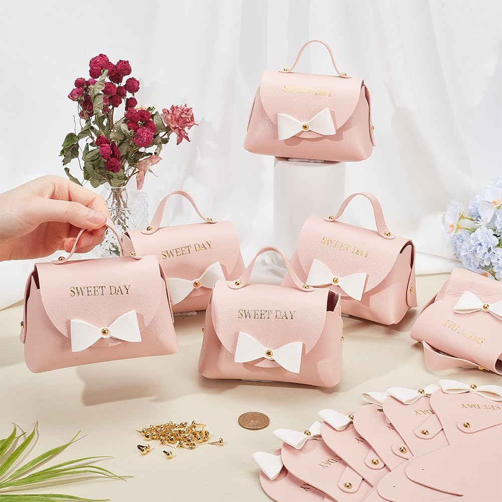 FINGERINSPIRE 12 Pack Light Pink PU Leather Bowknot Gift Boxes with Handle