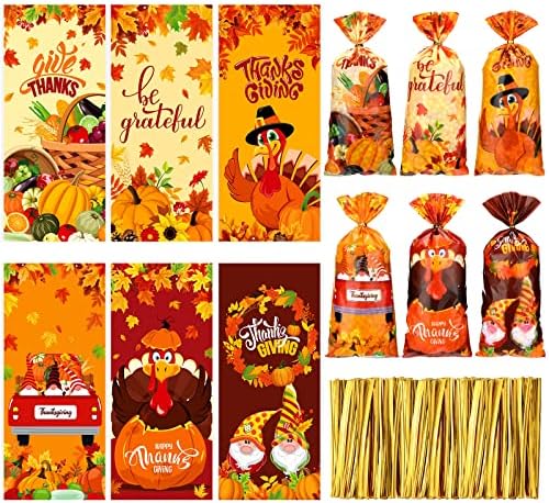 120 Pcs Thanksgiving Cellophane Bags with Gold Twist Ties