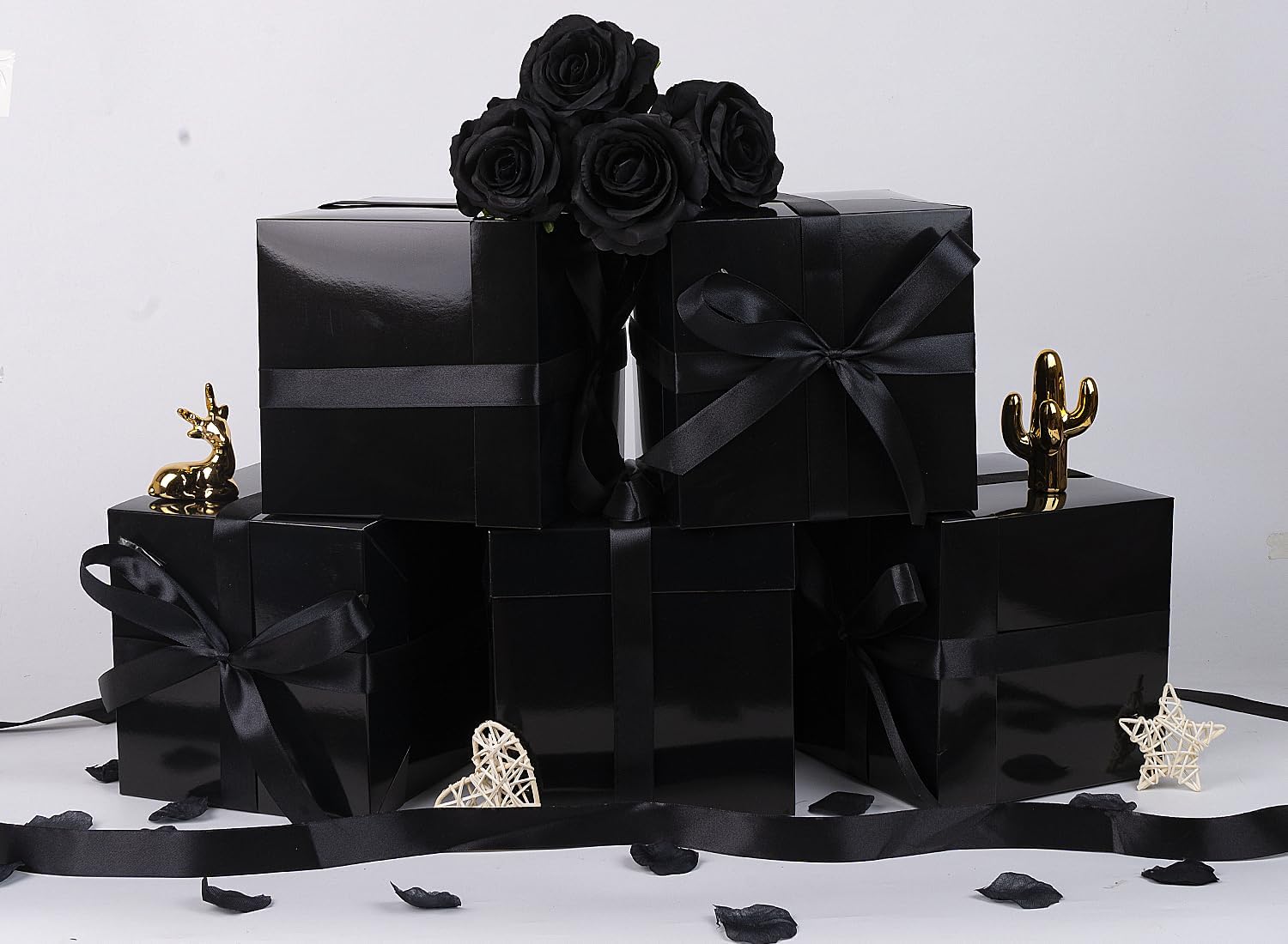 Jaywayang 5 Pack Black Gift Boxes with Lids Ribbons Tissue Papers