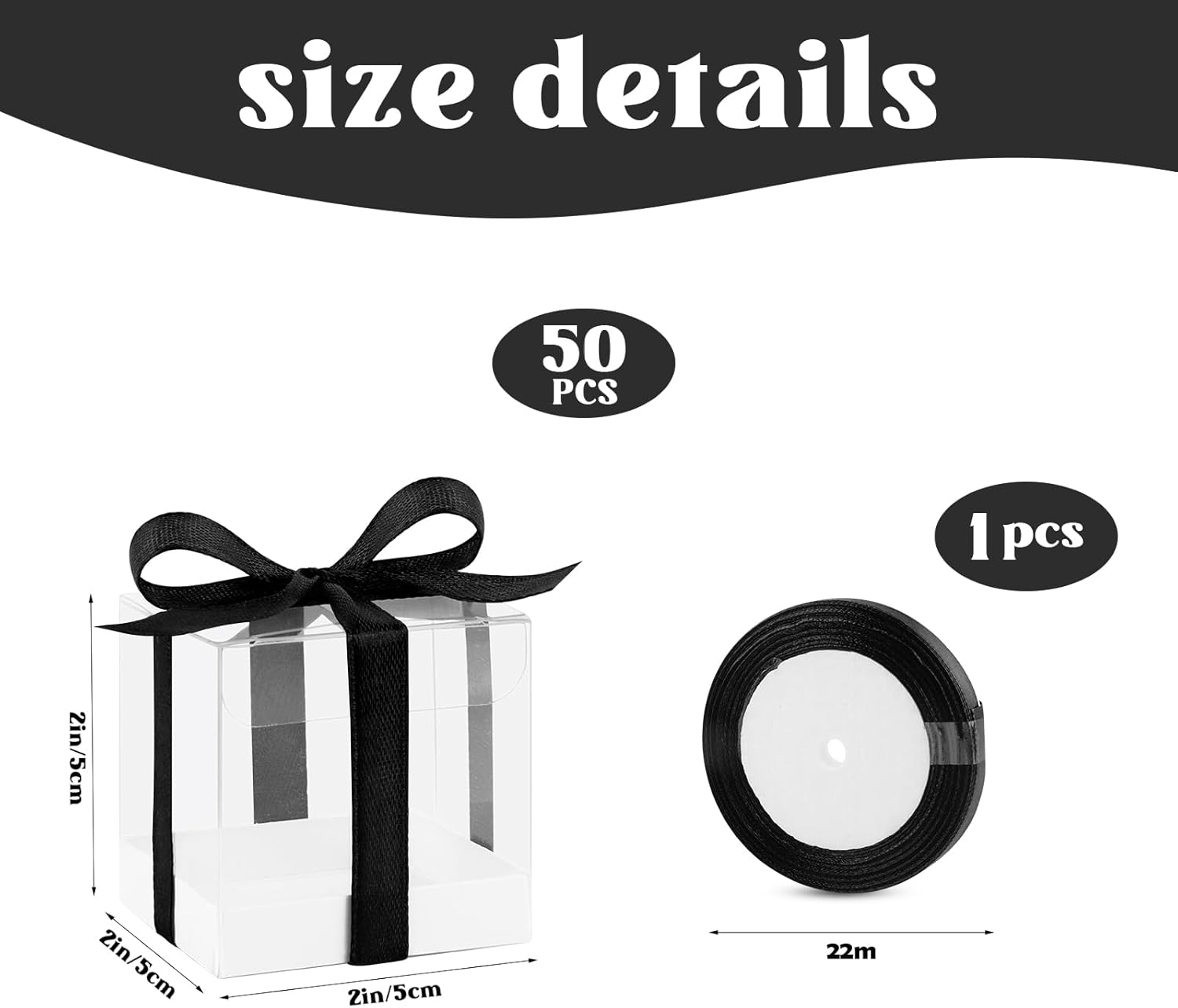 Hxezoc 50 Pack Clear Favor Boxes 2x2x2 Inches with Black Ribbons