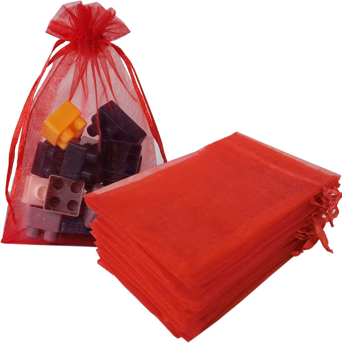 50 Piece Organza Gift Bags 5x7 Red Drawstring Sheer Pouches