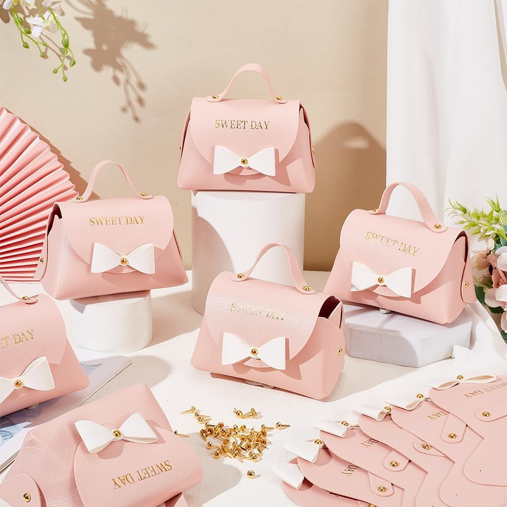 FINGERINSPIRE 12 Pack Light Pink PU Leather Bowknot Gift Boxes with Handle