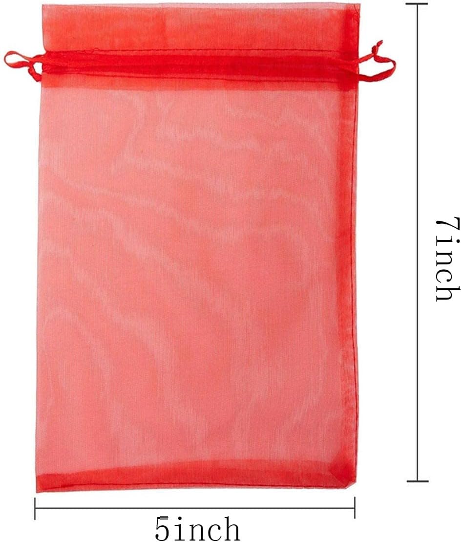 50 Piece Organza Gift Bags 5x7 Red Drawstring Sheer Pouches