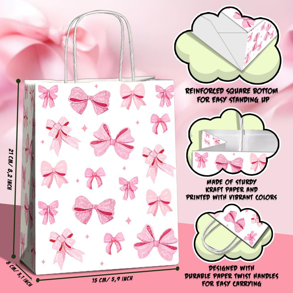 JOYGATHER 24 Pcs Pink Bow Party Favor Bags with Handles