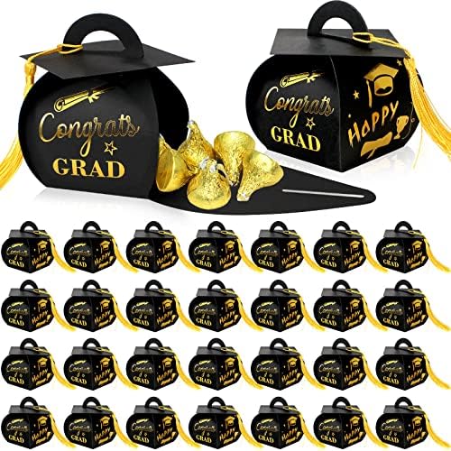 30 Pcs Black and Gold Graduation Cap Gift Boxes with Tassel