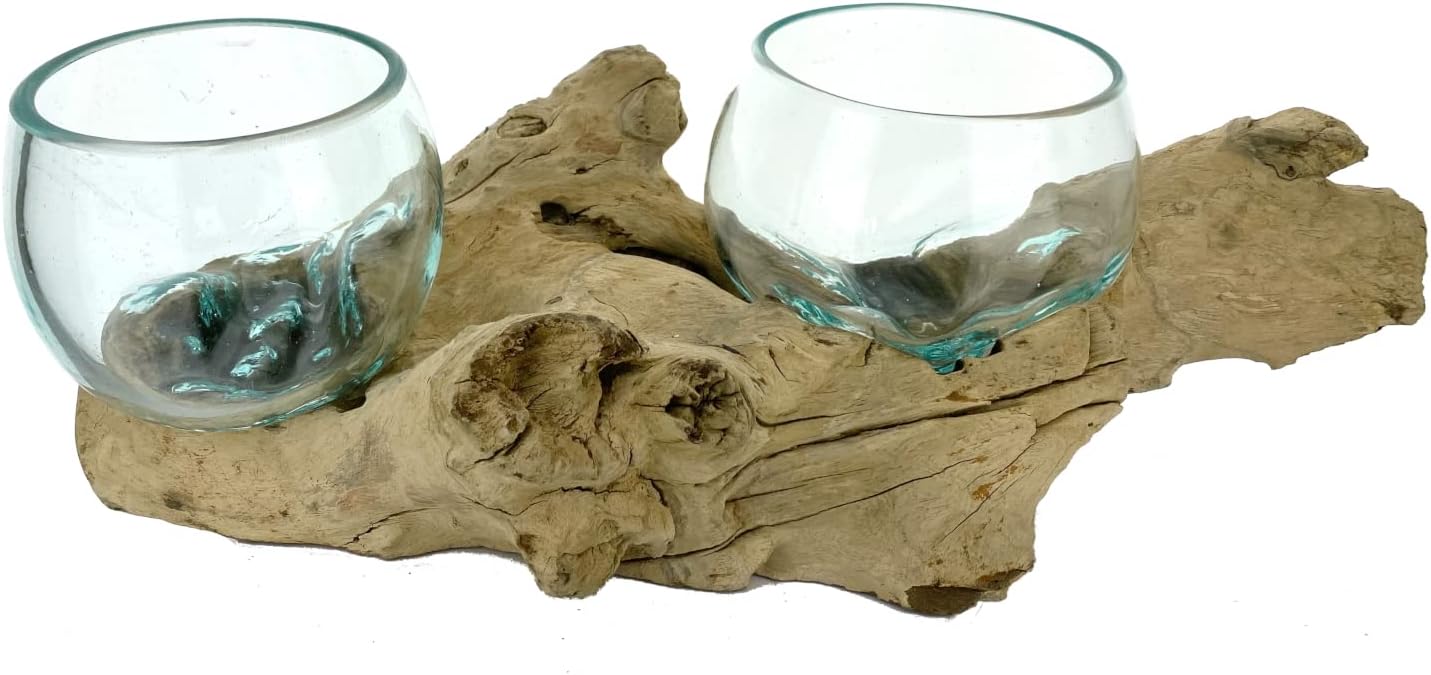 Ruth and Wilde Terrarium Planter Double Melted Glass Vase Bowl Driftwood Candle Holder