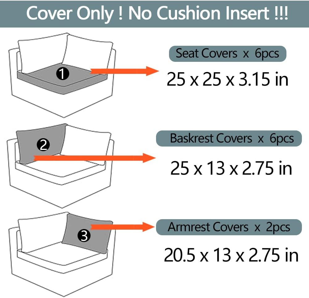 14Pcs Outdoor Cushion Covers with Zipper for 6-Seater Patio Set