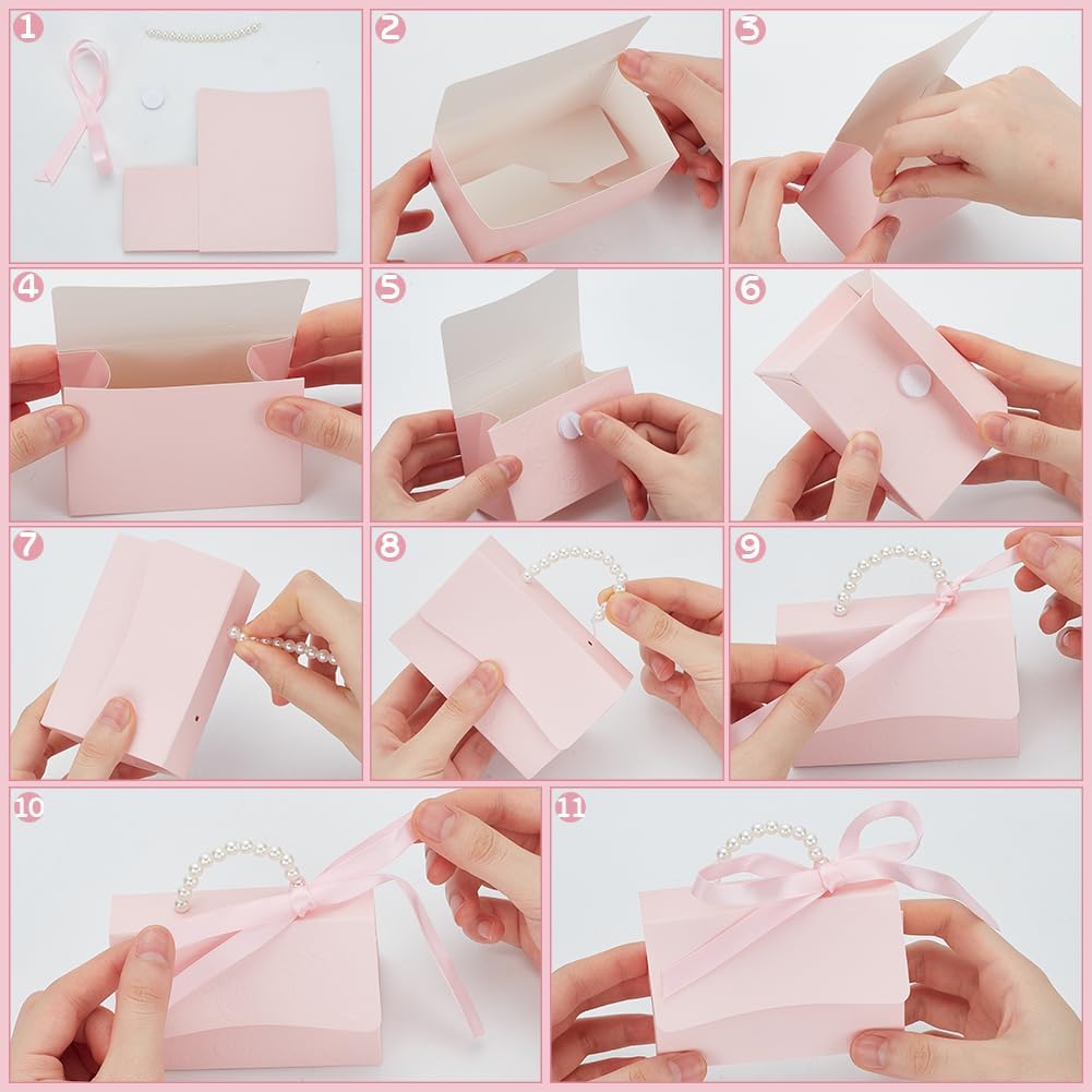 BENECREAT 16Set Pink Kraft Gift Box DIY Kit with Pearl Handle