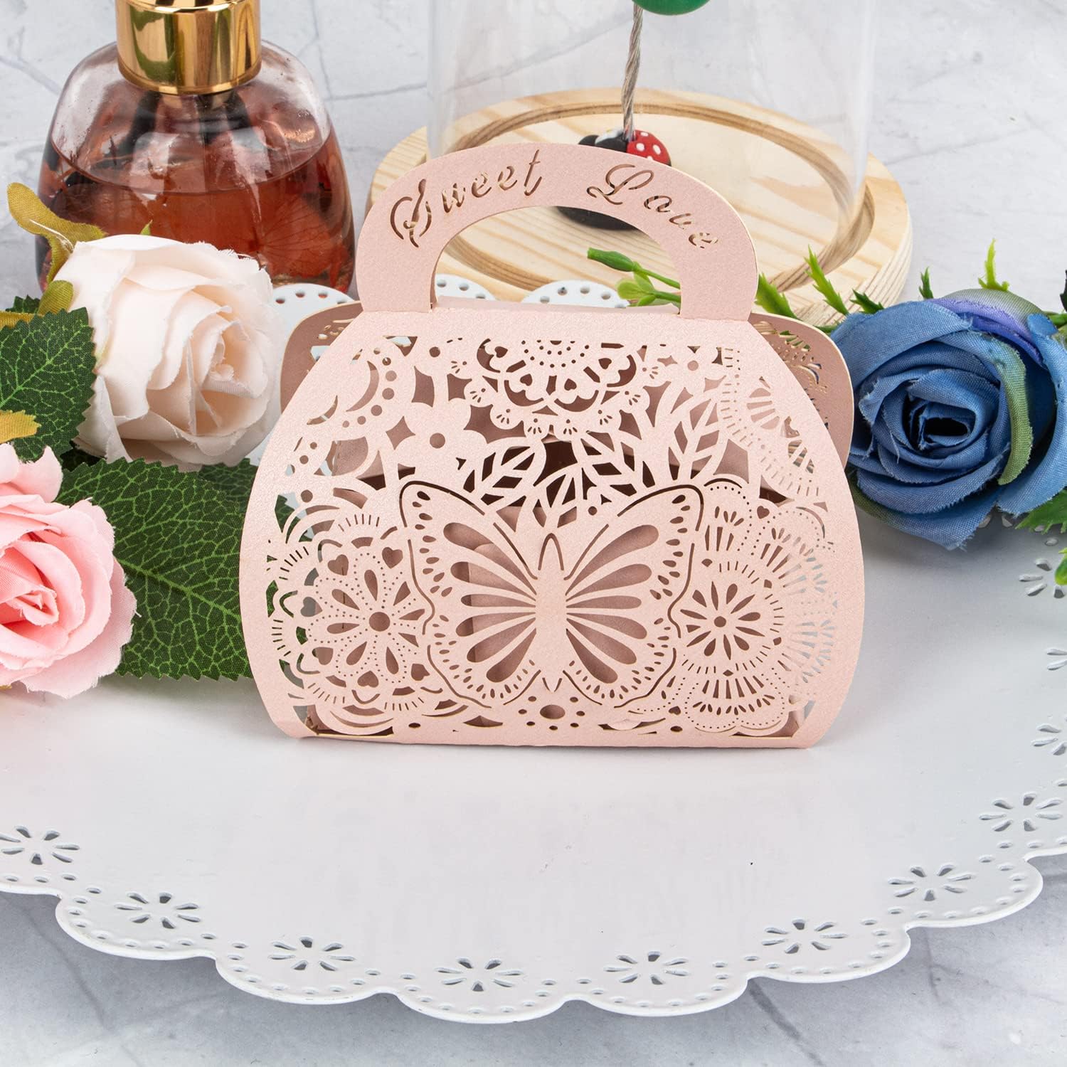 25PCS Pink Laser Cut Favor Boxes with Handle