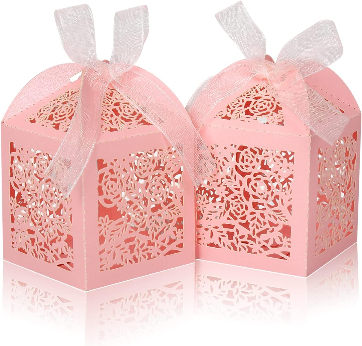 100pcs Pink Laser Cut Favor Boxes with Ribbons