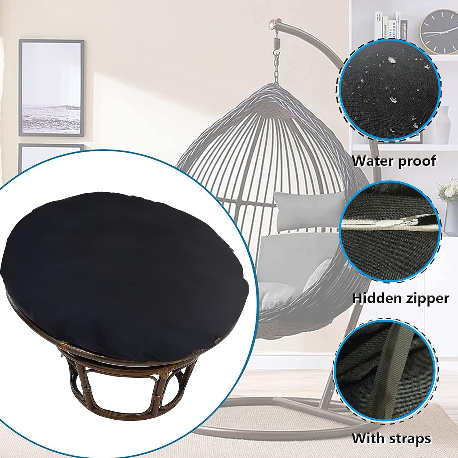 Waterproof Papasan Chair Cushion Cover Zippered Removable Design for 47-51 Inch