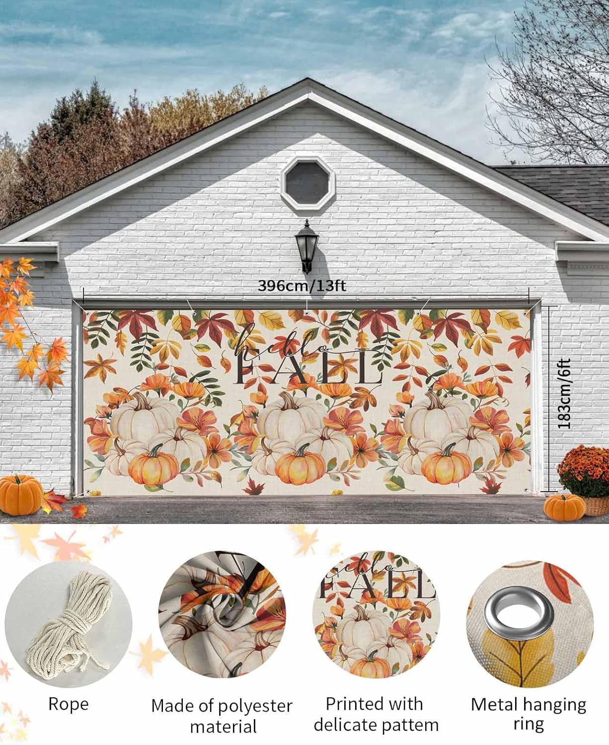 Autumn Orange Pumpkin Leaves Garage Door Cover 7x8ft