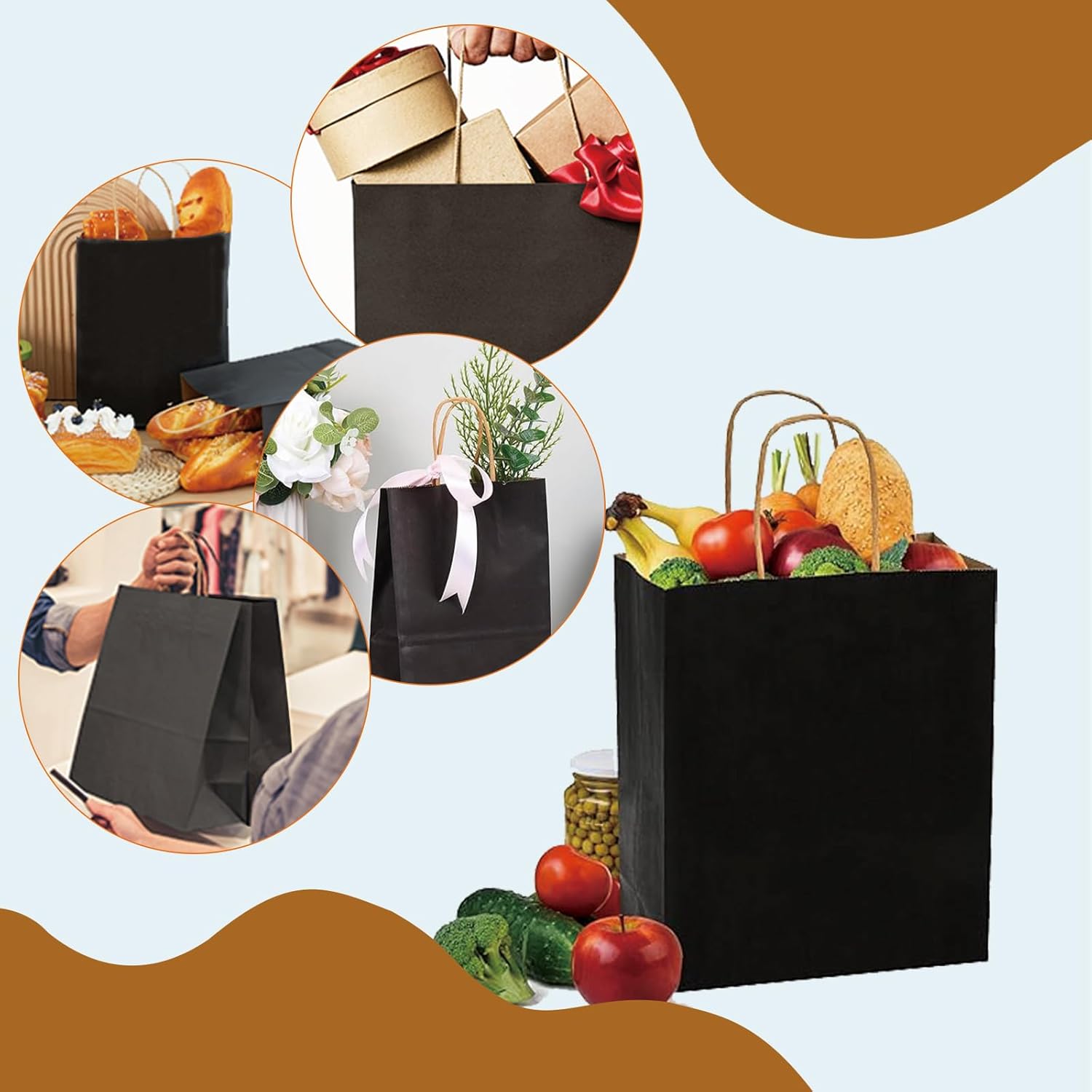 25 Pack Small Black Kraft Gift Bags with Handles