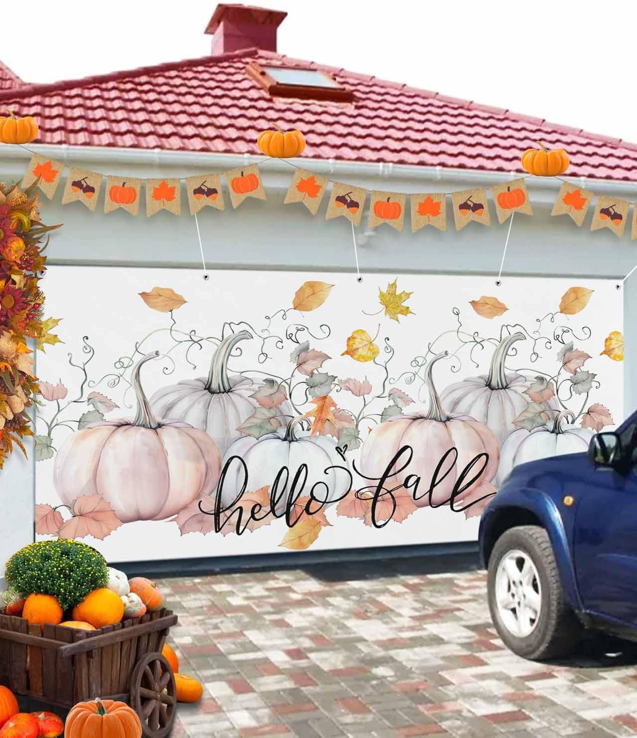 IDOWMAT Fall Thanksgiving Pumpkin Vine Leaf Garage Door Cover 7x8ft