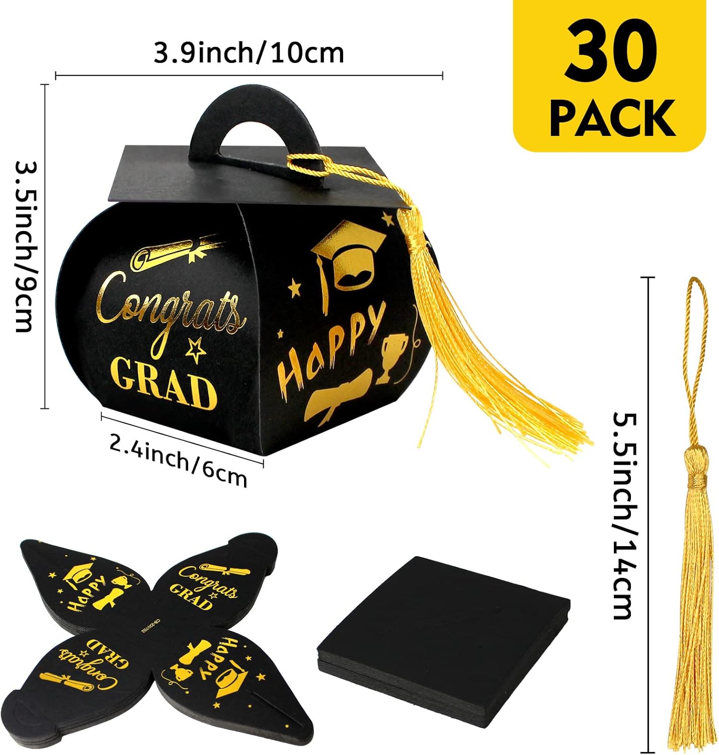 30 Pcs Black and Gold Graduation Cap Gift Boxes with Tassel
