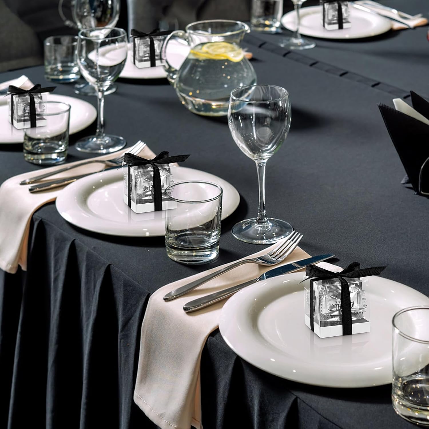 Hxezoc 50 Pack Clear Favor Boxes 2x2x2 Inches with Black Ribbons