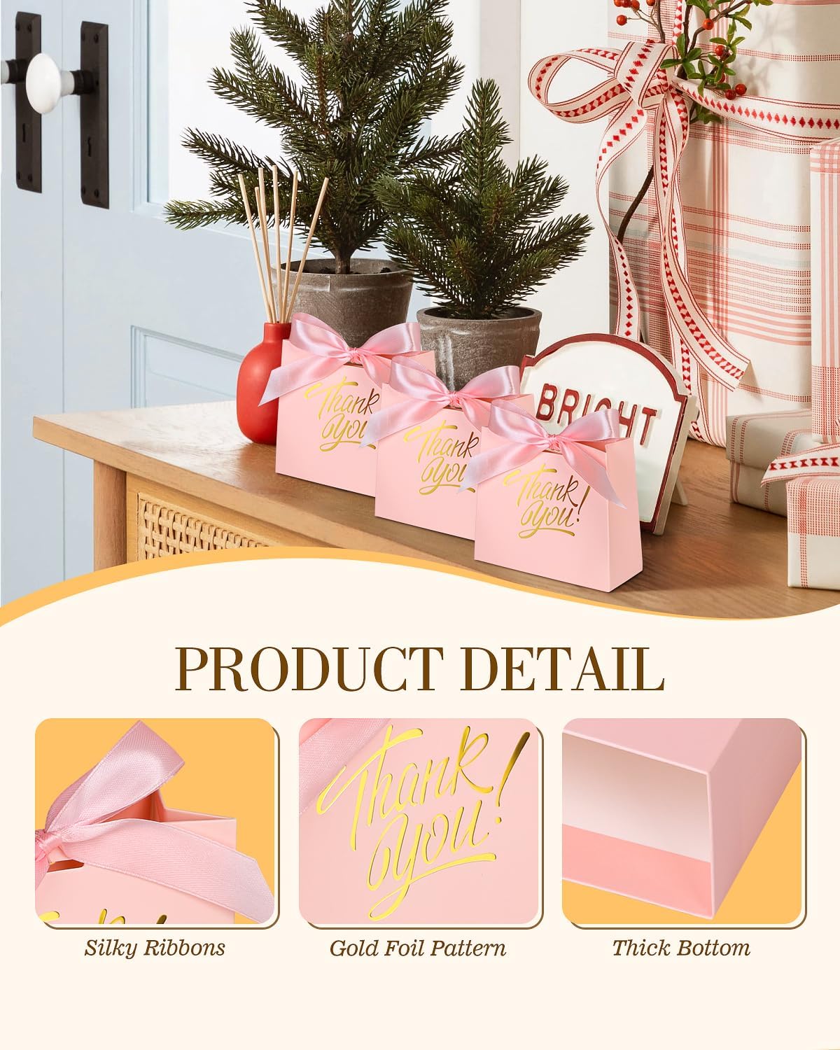 EQOREIIN Small Kraft Gift Bags - 70 Pack with Bow Ribbon Pink 45x18x39 Inches