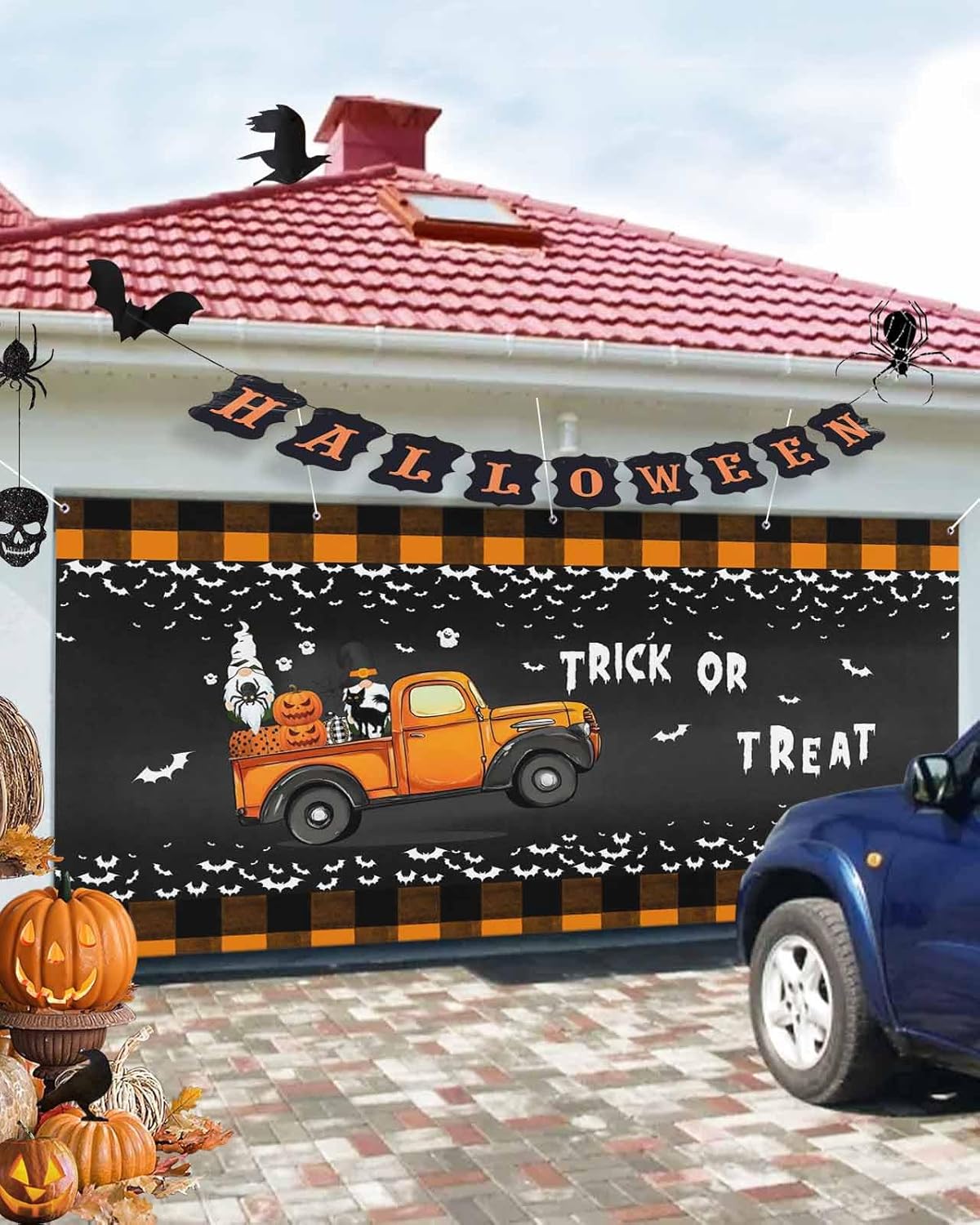Halloween Bats Garages Door Cover 7x8ft with Hanging Ropes