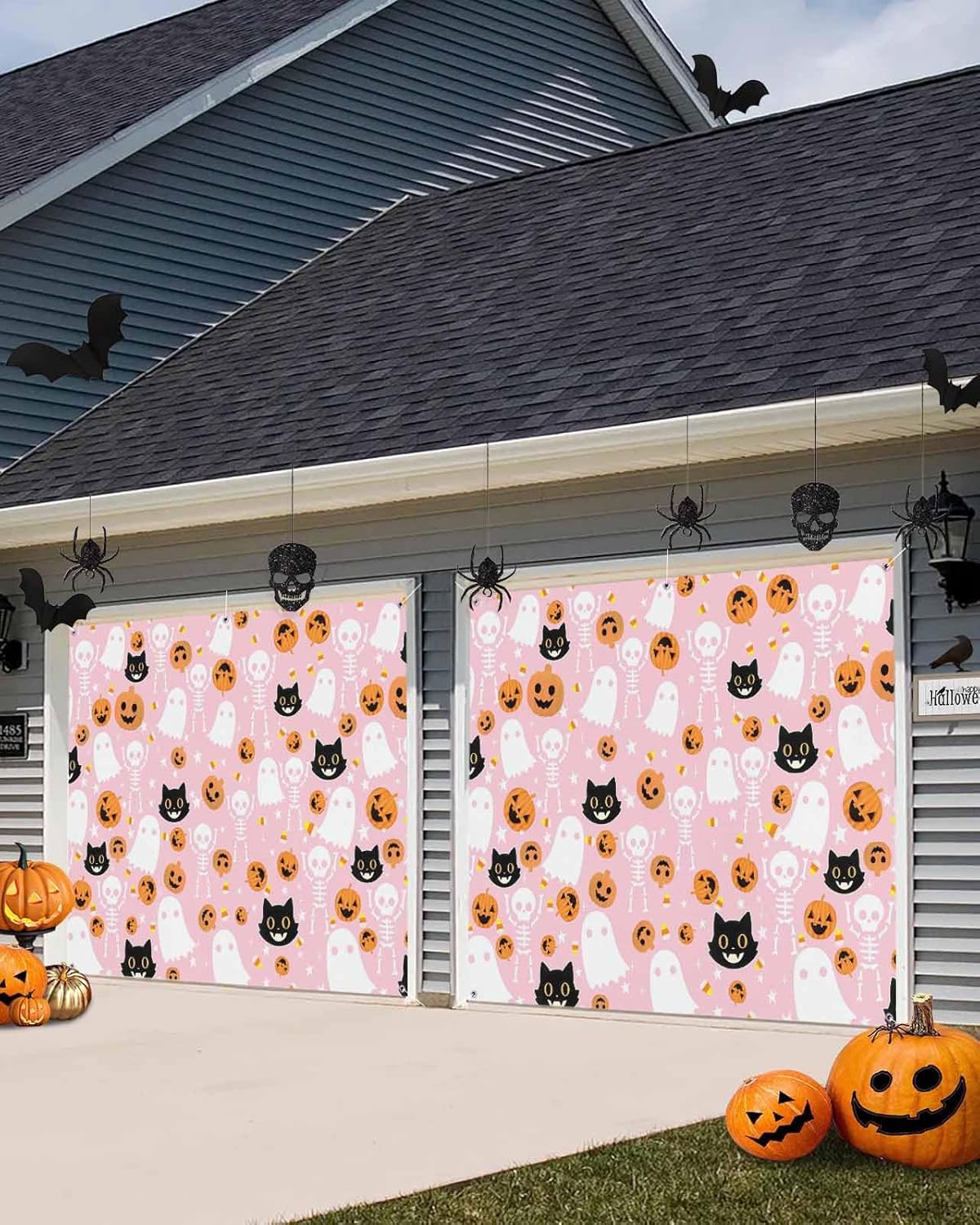 Halloween Ghost Black Cat Pumpkin Skull Garage Door Cover 7x8ft