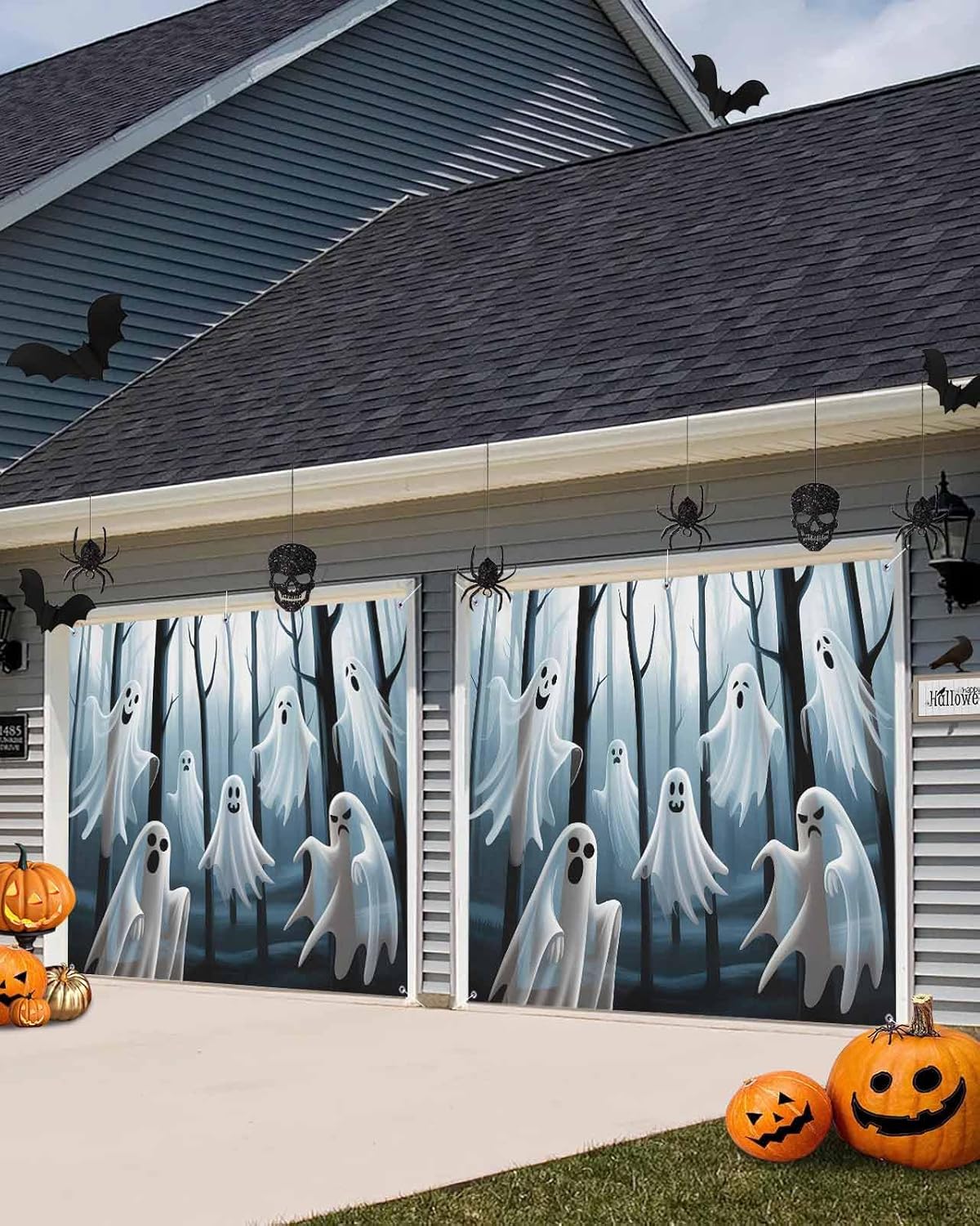Halloween Ghost Decor Garage Door Cover 7x8ft Black