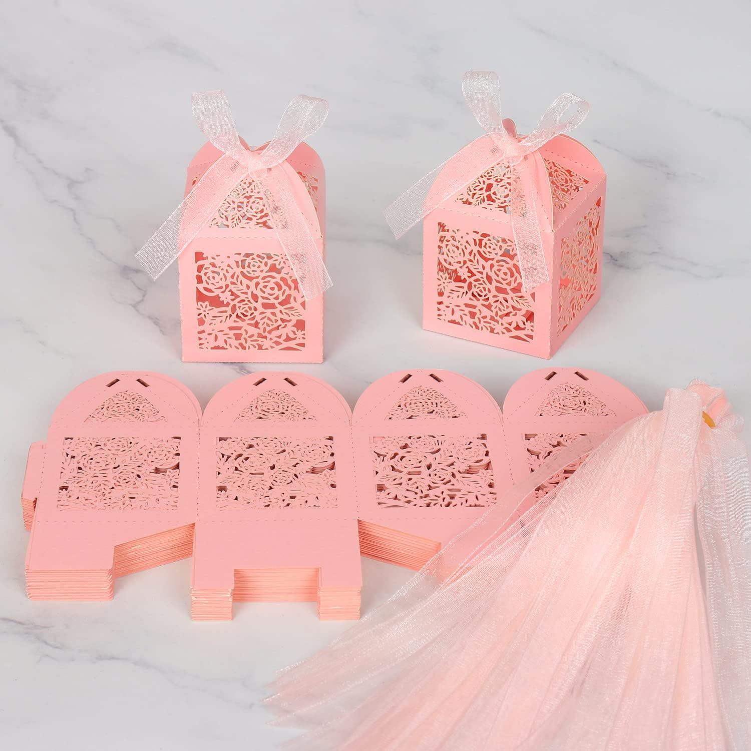 100pcs Pink Laser Cut Favor Boxes with Ribbons