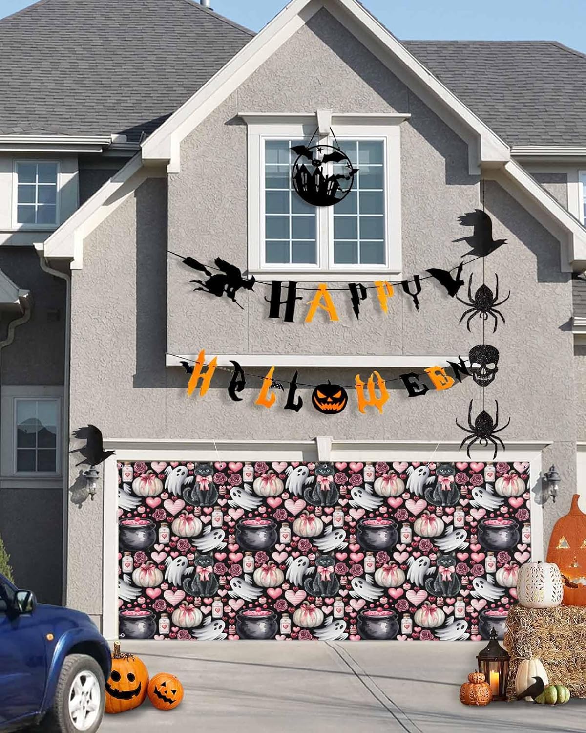 Halloween Cat Ghost Heart Garage Door Cover 7x8ft Black