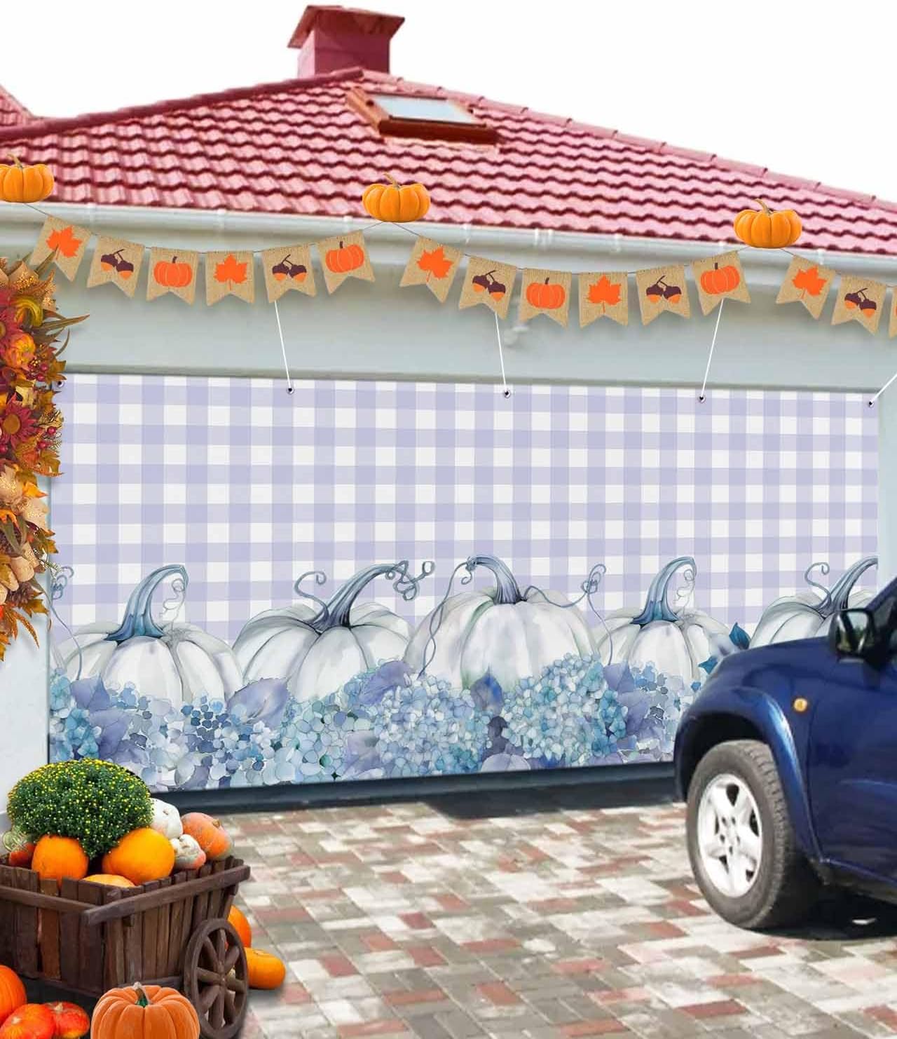 IDOWMAT Fall Thanksgiving Pumpkin Hydrangea Floral Garage Door Cover 6x13ft