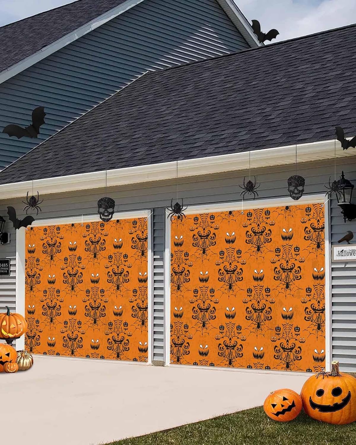 IDOWMAT Halloween Ghost Face and Spiders Web Garage Door Cover 7x16ft